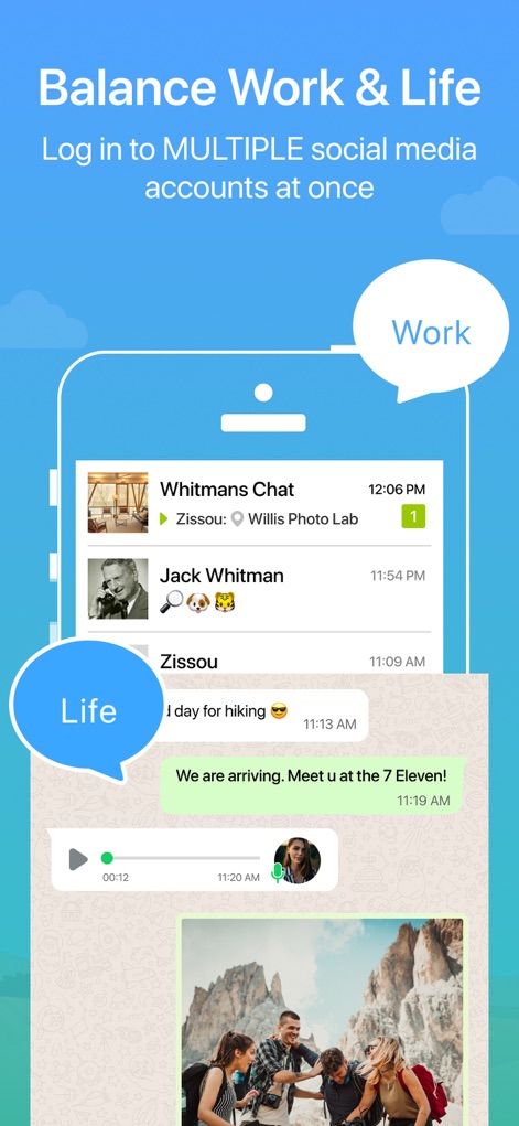 Parallel Space ~ App Cloning - This image highlights the 'Work' and 'Life' chat bubbles, illustrating how the app helps users maintain clear boundaries between professional communications and personal interactions.