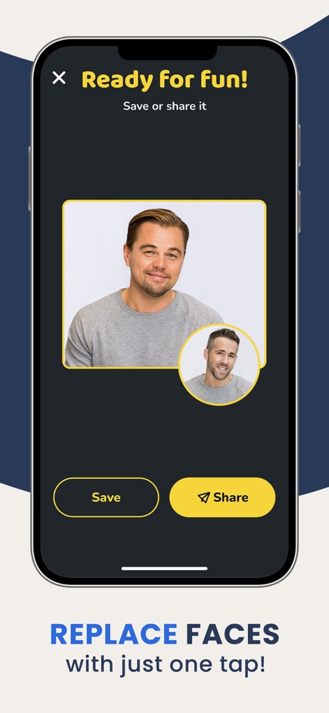 Faceover: Photo Face Swap - This tool simplifies the post-editing process, allowing users to quickly 'Save' their hilarious creations or 'Share' them directly with friends.