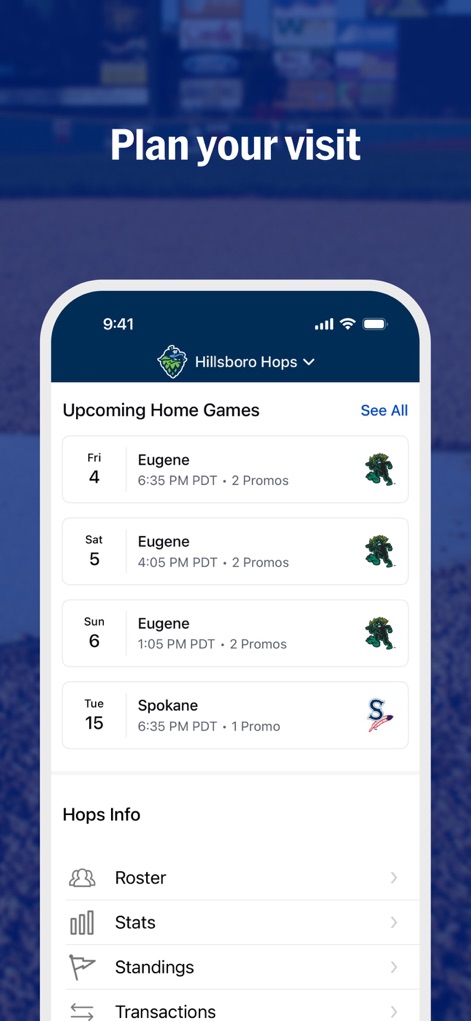 MiLB - This tool highlights 'Upcoming Home Games' with dates and opponents, complemented by essential team information such as the 'Roster' and 'Stats'.