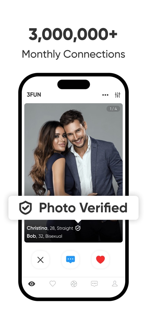 3Fun: Couples & Singles Dating - Users can explore profiles featuring a prominent "Photo Verified" badge for authenticity, alongside a top banner highlighting "3,000,000+ Monthly Connections" illustrating the app's expansive reach.