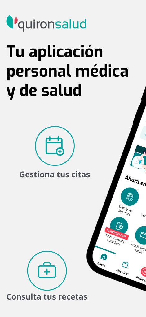 Quirónsalud - O aplicativo oferece uma visão clara das funcionalidades essenciais, com a seção 'Gestiona tus citas' e o ícone de calendário destacando o gerenciamento de agendamentos e a seção 'Consulta tus recetas' com o ícone de prescrição para acesso rápido a receitas.