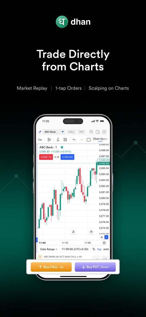 Dhan: Share Market Trading App - Cet outil permet d'exécuter des transactions directement depuis les graphiques, offrant une "Market Replay" pour l'analyse et des "1-tap Orders" pour une réactivité maximale.