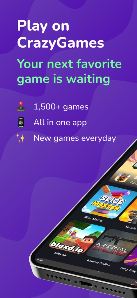 CrazyGames: Play 1500+ Games - L'app promette la scoperta del prossimo gioco preferito, elencando chiaramente i suoi punti di forza: '1,500+ games' in un'unica app e 'New games everyday', visibili sui bordi dello schermo del telefono.