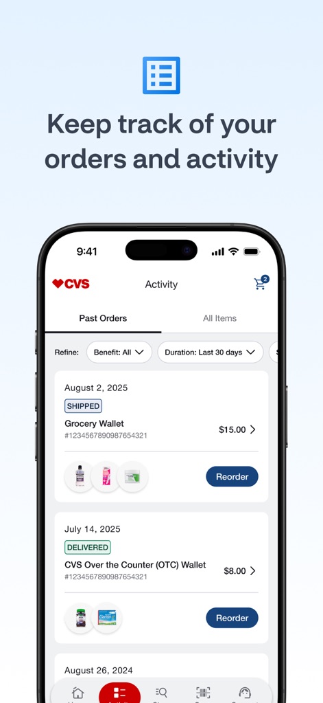 OTC Health Solutions - Users can review their comprehensive "Past Orders" and detailed "Activity," with clear statuses like "Shipped" and "Delivered" ensuring complete benefit transparency.