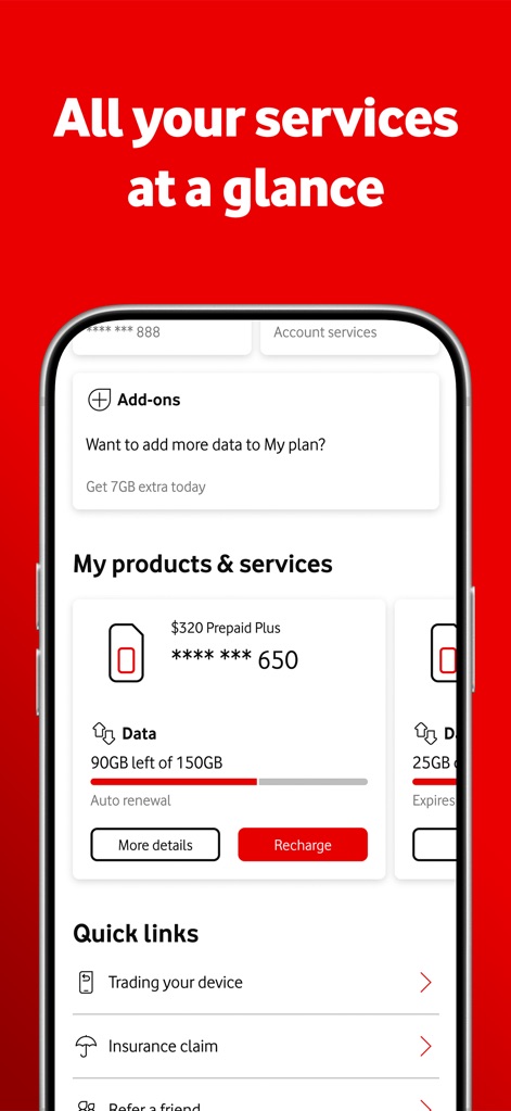 My Vodafone Australia - Users can effortlessly manage their services, with a prominent "Add-ons" section and detailed product cards displaying data usage and recharge options.