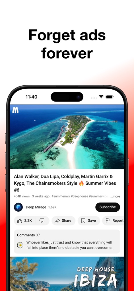 ProTube: Block Ads on Video - Users can enjoy completely ad-free video streams, as visually confirmed by the absence of commercial interruptions and the presence of detailed video information like likes and comments.