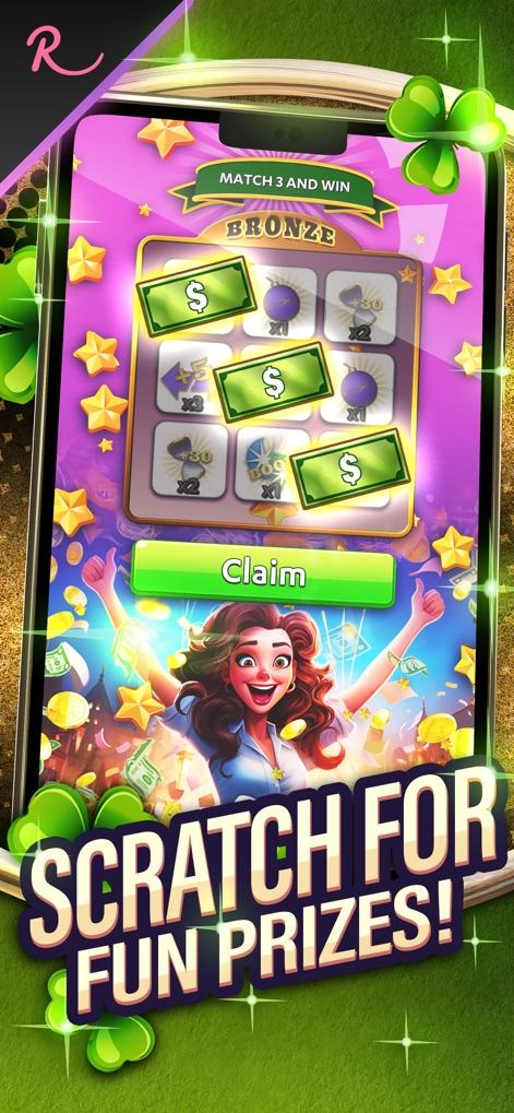 Lucky Match: Win Real Money - See the 'Match 3 and Win' scratch-off game, where users can reveal prizes and witness a joyful character celebrating their wins.