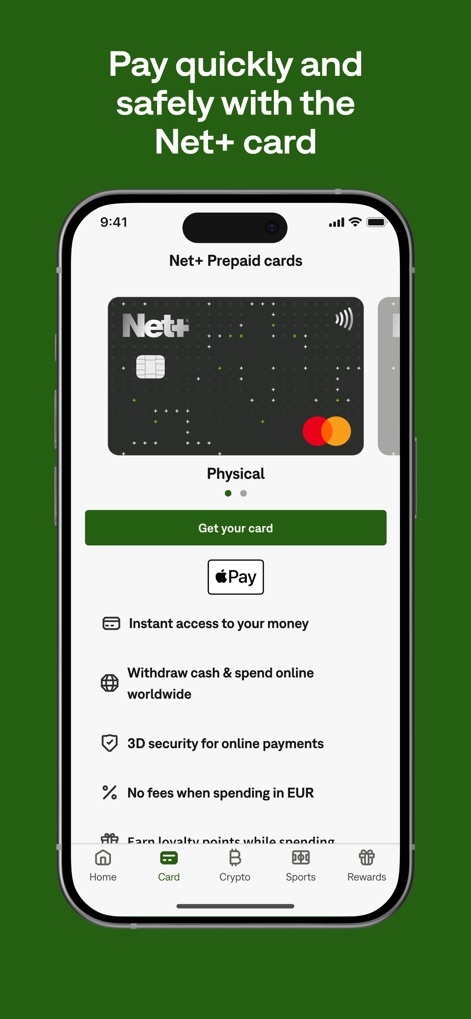 Neteller - Money Transfer - Cette section présente la carte prépayée Net+, mettant en avant visuellement les caractéristiques telles que la sécurité 3D pour les paiements en ligne et l'accès instantané aux fonds.