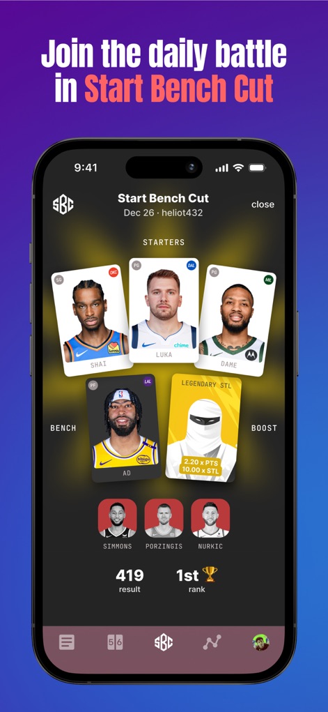ClutchPoints - NBA, NFL, MLB - L'app introduce un'avvincente modalità di gioco 'Start Bench Cut', dove gli utenti possono assemblare la propria squadra di stelle con le carte giocatore di Shai e Luka, competendo per raggiungere la prima posizione, come visibile dal "1st rank" e dal "419 result".