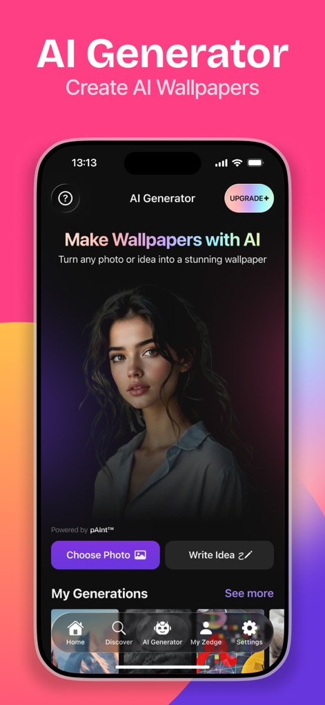 ZEDGE™ Ringtones & Wallpapers - Unleash creativity with the app's 'AI Generator' feature, allowing users to craft custom wallpapers using 'Choose Photo' or 'Write Idea' inputs.