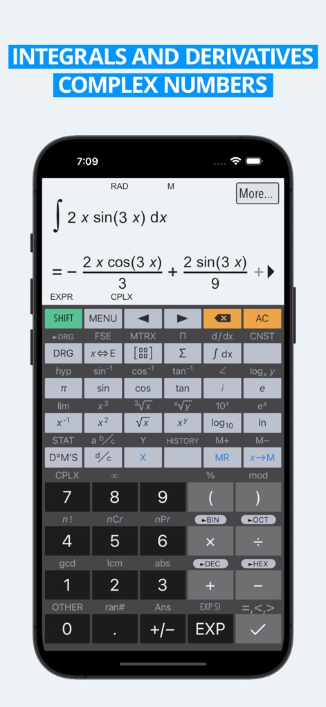 HiPER Scientific Calculator - O aplicativo permite visualizar integrais e derivadas (como a integral de 2x sin(3x) dx) e apresenta um teclado especializado para operações complexas, incluindo números complexos.