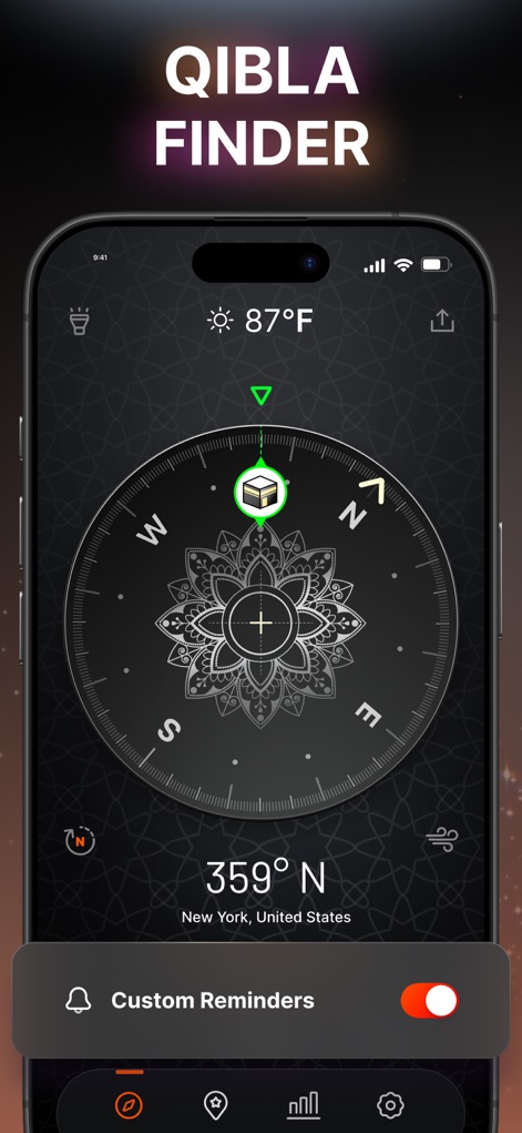 Compass & Coordinates Locator - Uma funcionalidade dedicada exibe a direção exata da Qibla com um design temático elegante, complementada por um botão para ativar lembretes personalizados.