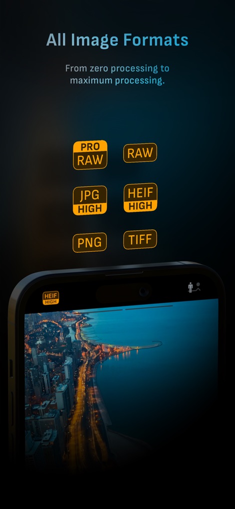Camera M - Pro Manual Camera - The app supports a wide range of output options, from uncompressed ProRAW and RAW to efficient HEIF and JPEG, ensuring maximum flexibility.