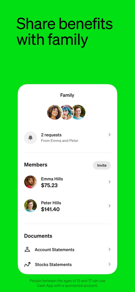 Cash App - 家族メンバーのリスト表示と各メンバーの残高情報を通じて、ユーザーは家族間での資金のやり取りや管理を容易に行えます。