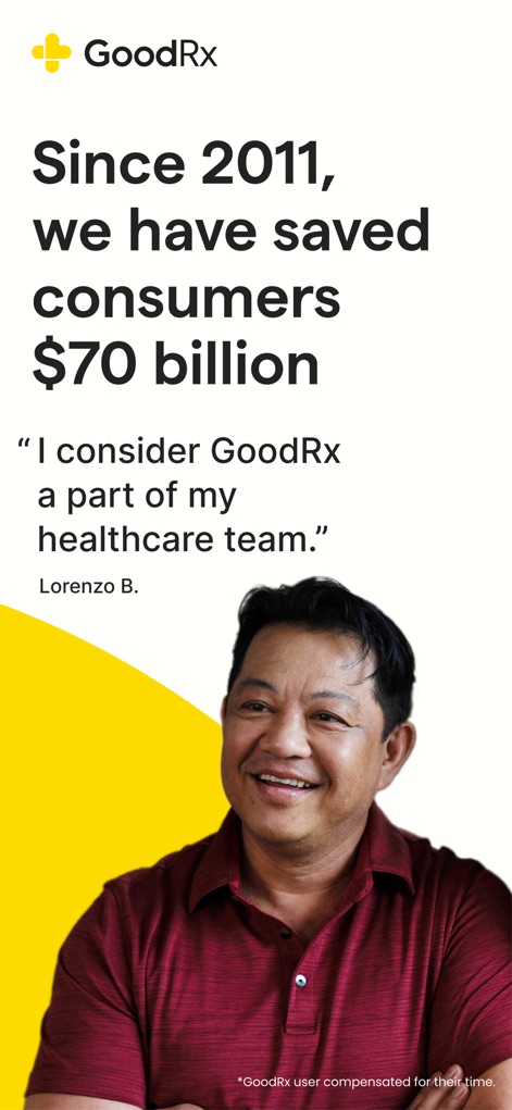GoodRx: Prescription Savings - The app demonstrates its significant impact with a displayed statistic of "$70 billion" saved for consumers and a testimonial from a user praising its role as part of their "healthcare team."