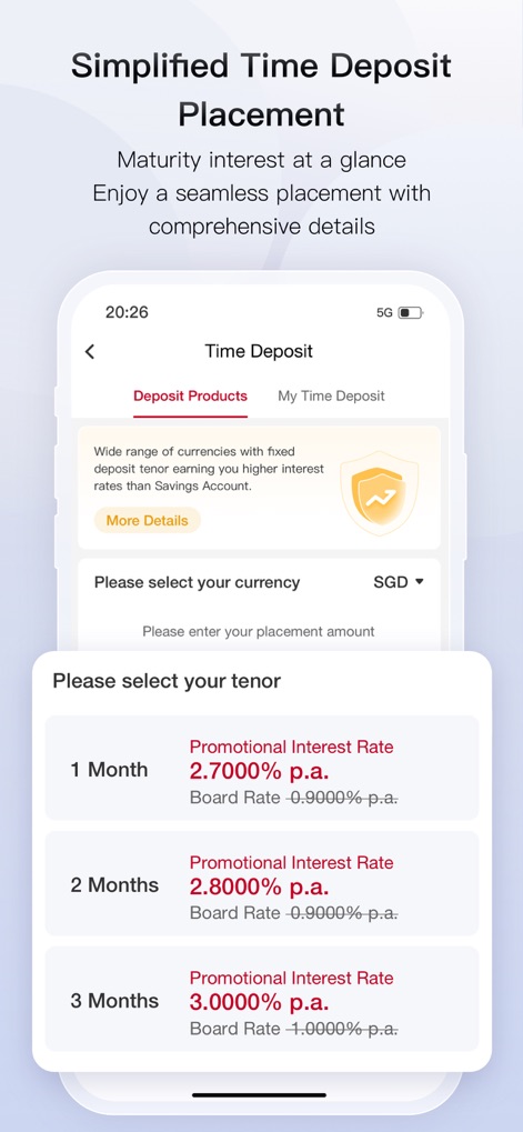 Bank of China - ユーザーは、期間とプロモーション金利の一覧表示と預け入れ通貨選択機能により、簡単に定期預金の設定と管理を行えます。