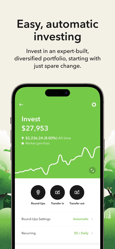 Acorns: Invest For Your Future - 投資額と損益を示す線グラフが表示され、「Round-Ups」と「Recurring」による自動積立機能が提供されています。