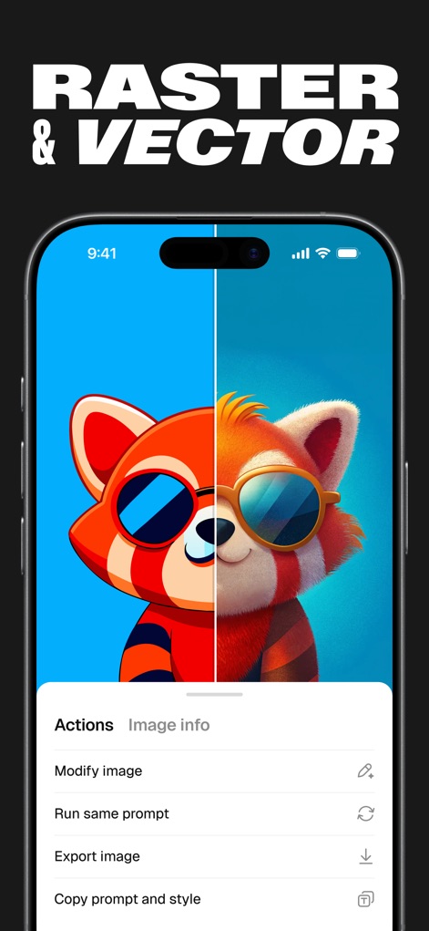 Recraft - Witness the app's versatile output, presenting both detailed raster and scalable vector graphics, complemented by an intuitive actions menu for post-generation control.