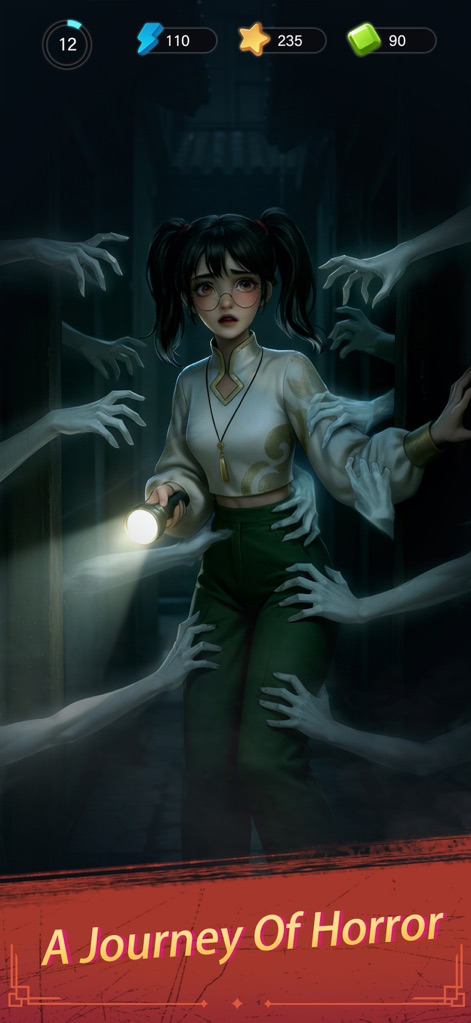 Haunted Merge: Horror Story - Users can delve into the chilling narrative and experience the app's evocative art style, featuring resource tracking at the top and a prominent story title at the bottom.