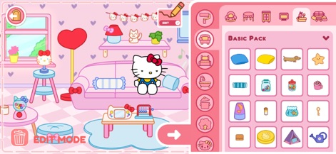 Hello Kitty And Friends World - The app offers extensive home decoration options, allowing players to customize furniture and select from a 'Basic Pack' of items to personalize spaces.