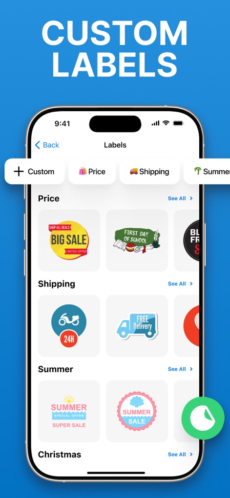 HP Smart Printer App − iPrint - Los usuarios pueden diseñar y seleccionar entre una amplia gama de etiquetas personalizadas, organizadas por categorías como 'Price' y 'Shipping' para diversas necesidades.