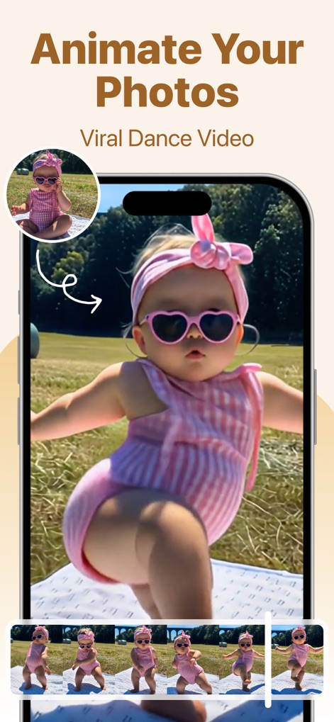 Photo Revive - AI Dance - See how the app transforms a static photo of a baby into a dynamic viral dance video, highlighting the original input image and the resulting animated sequence.