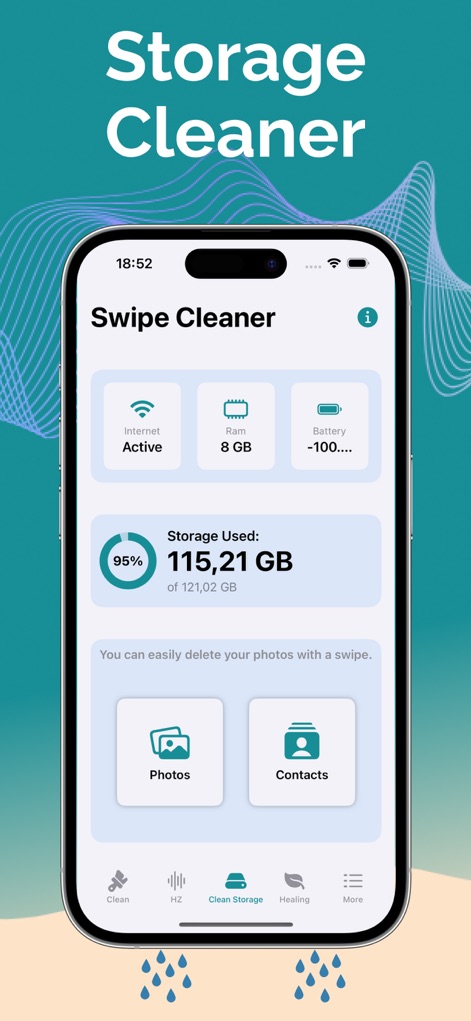 Clear Wave - Remove Water - The 'Swipe Cleaner' interface clearly displays storage usage with a percentage breakdown and offers intuitive options to clean Photos and Contacts.