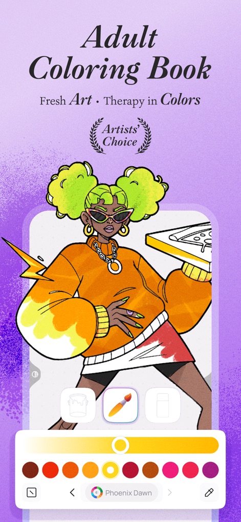 Artsy Artasy - Adult Coloring - O aplicativo oferece uma paleta de cores rica para dar vida a ilustrações vibrantes, e ferramentas essenciais como o pincel e o balde de tinta para colorir com precisão.