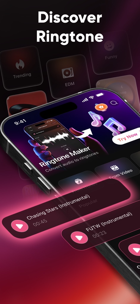 Ringtones Maker & Wallpapers - La aplicación exhibe una interfaz moderna para explorar categorías como 'Trending' y 'EDM', mostrando una selección de tonos con botones de reproducción.