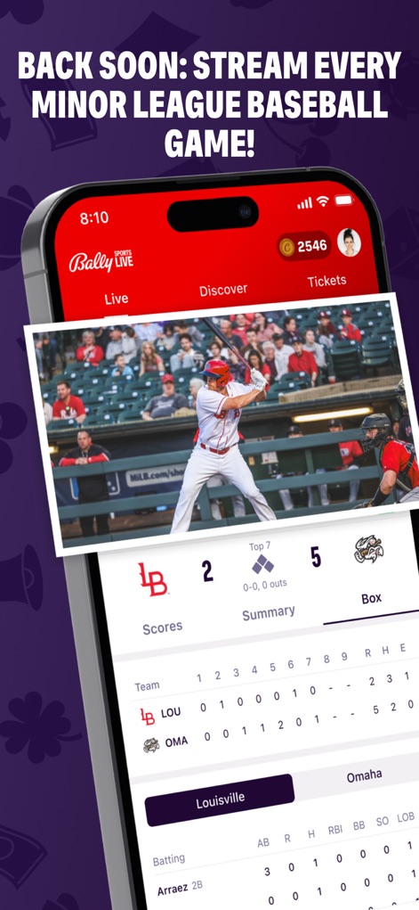 Bally Sports Live - Questo screenshot illustra l'accesso completo alla Minor League Baseball, con un tab per le statistiche dettagliate del "Box score" e un punteggio in tempo reale che gli utenti possono consultare durante le partite.