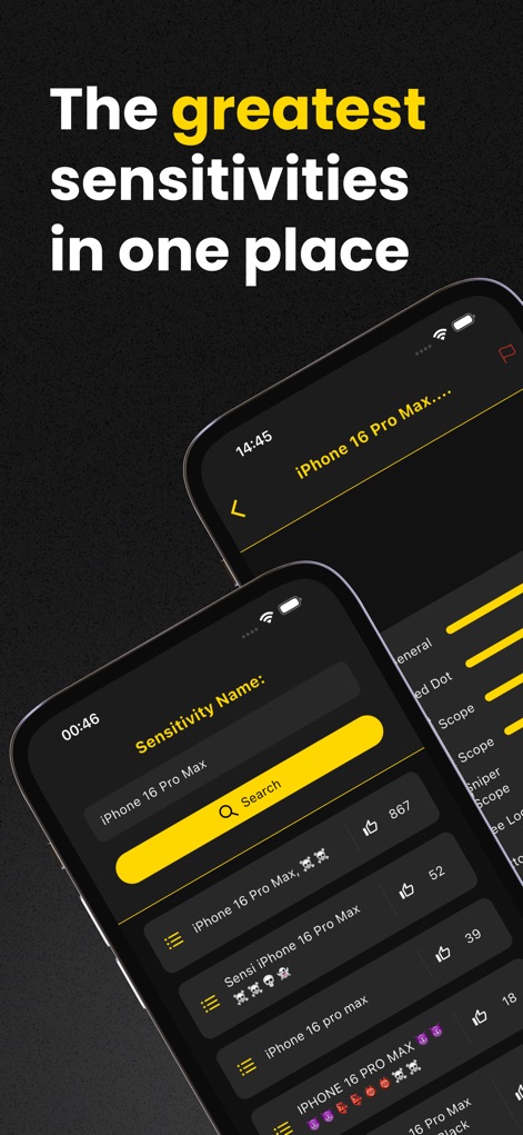 Sensi Master - The app provides a comprehensive hub for optimal settings, featuring a prominent search bar and a curated list of popular sensitivity profiles.