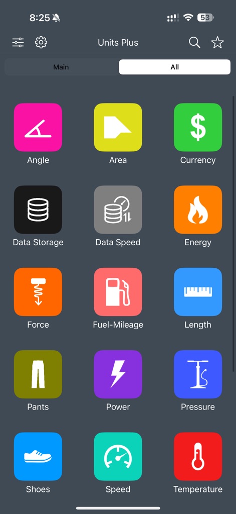 Unit Converter - Best Unit App - Gain full access to diverse conversion types, each represented by uniquely designed icons under the prominent 'Units Plus' application title.