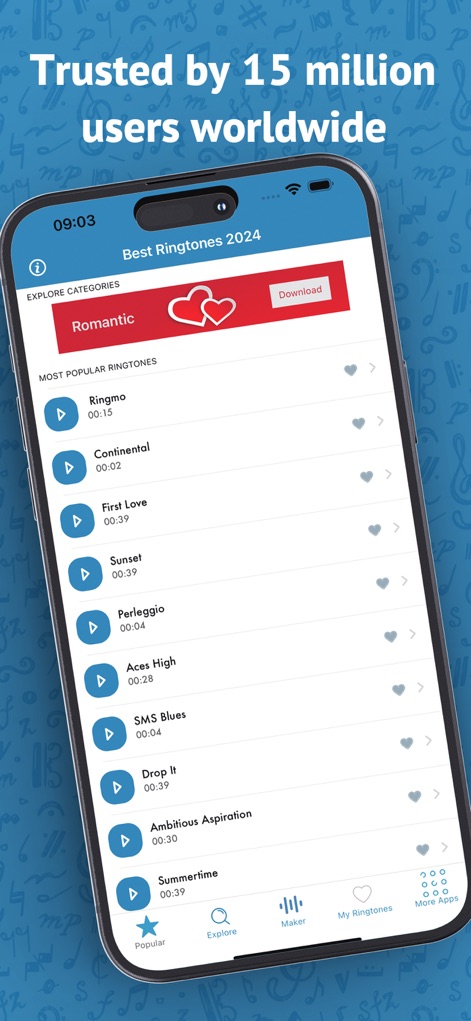 Best Ringtones 2026 for iPhone - Dieser Screenshot zeigt eine Auswahl der beliebtesten Klingeltöne, die mit einem praktischen Herz-Symbol versehen sind, um Favoriten zu markieren und später schnell wiederzufinden.