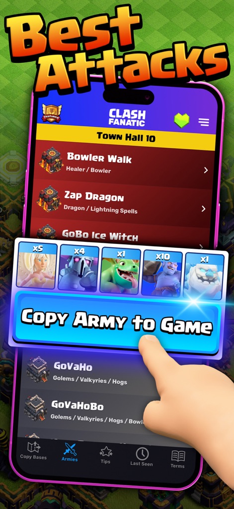 CoC Fanatic for Clash of Clans - Esta seção guia os jogadores pelas melhores composições de exército, como 'GoBo Ice Witch', exibindo a lista de estratégias e o botão 'Copy Army to Game' para replicação instantânea.