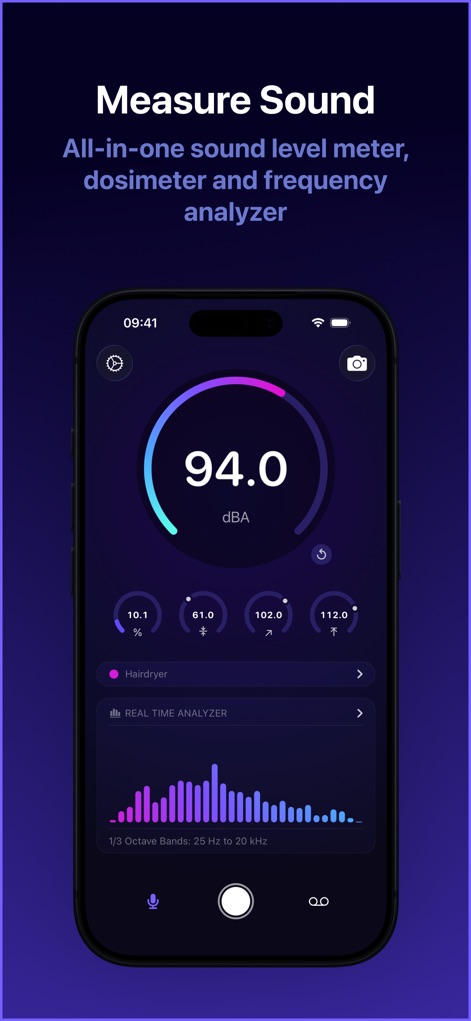 Decibel dB Sound Meter Ultra - This screen presents the core decibel meter, showcasing the central dBA reading and the detailed 1/3 Octave Bands for frequency analysis.
