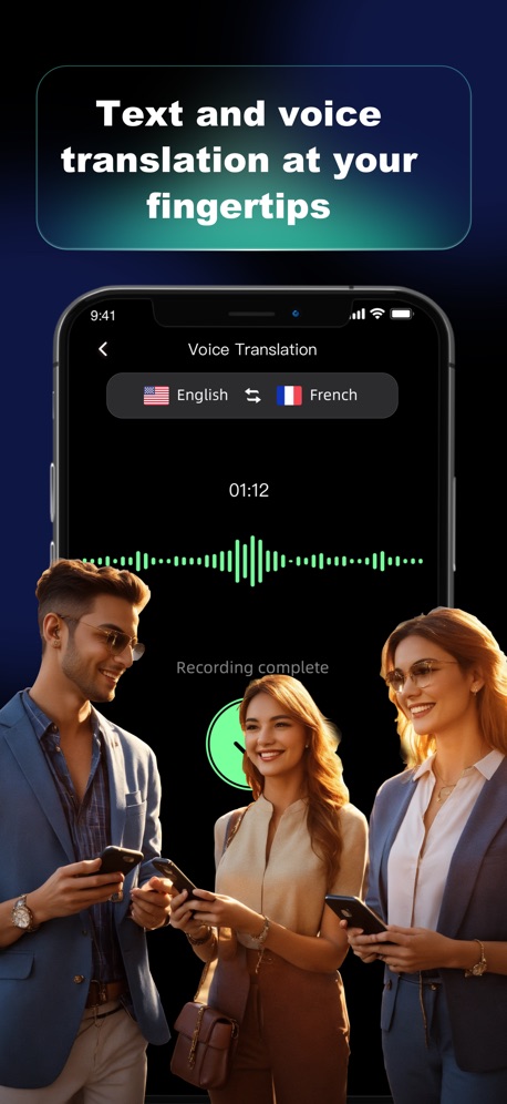 GlobeRoam: GPS Camera Map App Store screenshot 1, headline “Text and voice translation at your fingertips”. Dark.