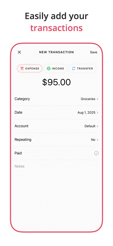 Budget Planner App - Fleur - The app streamlines financial input with an intuitive transaction form, allowing users to quickly categorize entries and toggle between expense, income, and transfer types.