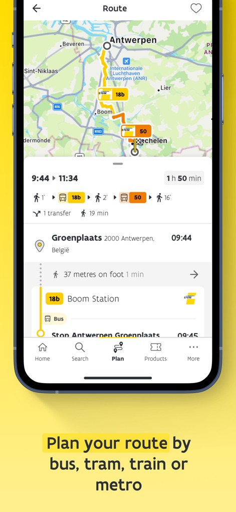De Lijn - Users can plan multimodal journeys across different operators, with the app displaying detailed routes on a map and providing a full breakdown of travel time and transfers.