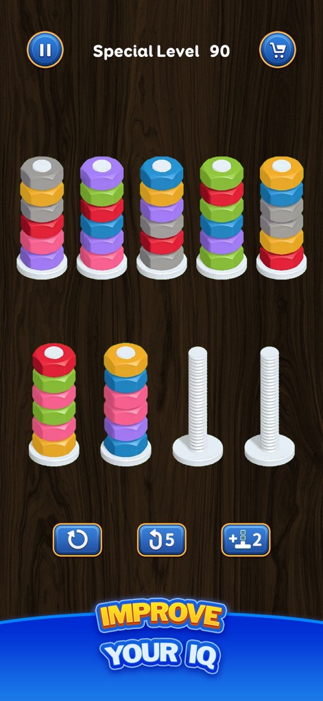 Nut Sort: Color Puzzle Games - Explore the mentally stimulating special level layouts and varying configurations of multiple colored stacks designed to sharpen your intellect.