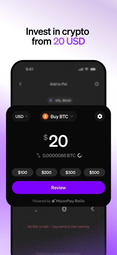 MoonPay: Buy Crypto - Esta interfaz facilita la compra de cripto con montos desde $20 USD, permitiendo a los usuarios seleccionar la moneda deseada como 'BTC' y revisar su inversión.