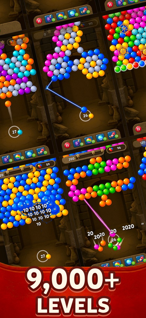 Bubble Pop Origin! Puzzle Game - L'application propose une longévité exceptionnelle avec plus de 9 000 niveaux, chacun affichant des agencements de bulles uniques et des indicateurs de score diversifiés.