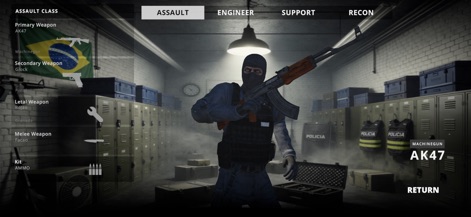 Invasão Elite - La pantalla de configuración permite a los jugadores seleccionar la clase "Assault" y personalizar su arsenal con armas como la AK47, mientras de fondo se aprecia una bandera brasileña y un entorno de armería táctica.