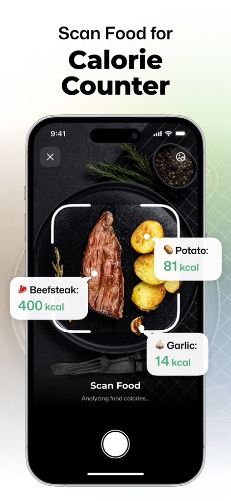 Wellance – AI Health & Balance - Observe the innovative AI Food Scanner as it quickly identifies meal components and instantly displays calorie information for precise tracking.