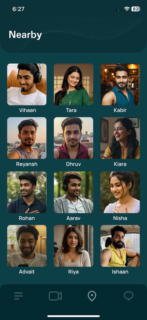 Tiyo - Discover listeners such as Vihaan and Tara in your local area, with intuitive access to video and chat functions via the bottom navigation bar.