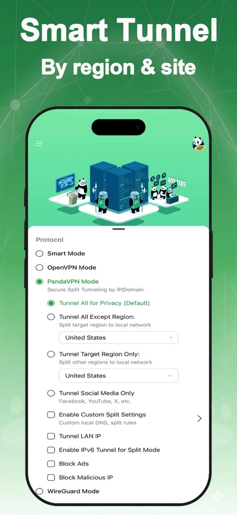 Panda VPN: Stream & Game Fast - Esta funcionalidade detalha as opções de "Protocol" como "PandaVPN Mode" e permite regras de tunelamento dividido por "region" ou "site", oferecendo controle preciso sobre o tráfego de dados.