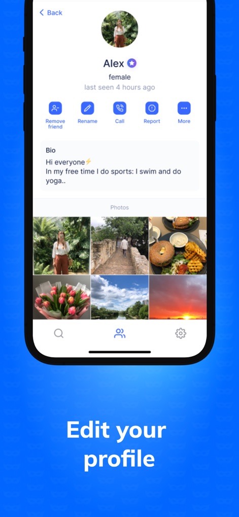 Social Chat: Make New Friends - This view showcases a comprehensive user profile, illustrating how users can personalize their information and manage connections through interactive action buttons.