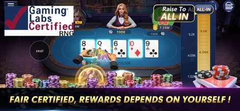 Texas Poker:Texas Holdem Game - Em destaque, a mesa de poker exibe o selo "Gaming Labs Certified RNG", garantindo a aleatoriedade do baralho, e o botão "ALL IN" para jogadas decisivas.
