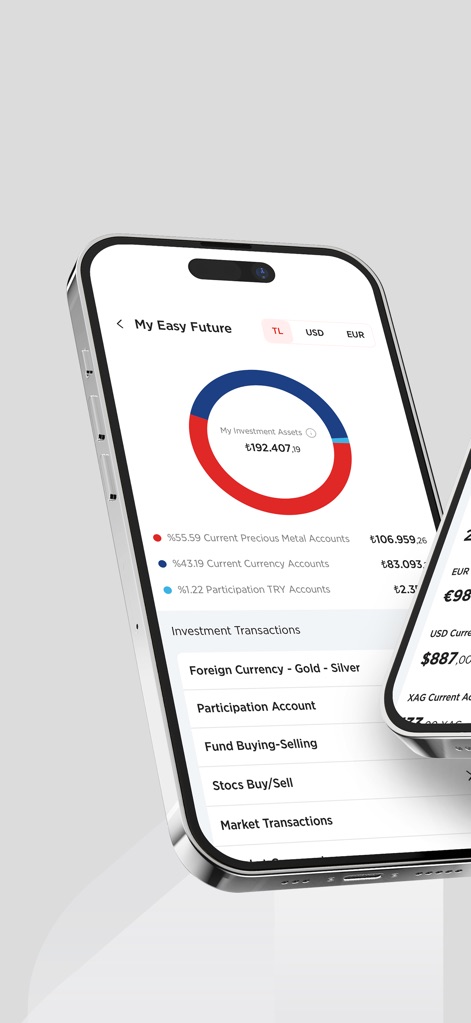 Ziraat Katılım - Delve into "My Investment Assets" with a visual breakdown via a pie chart and a comprehensive list of "Investment Transactions."