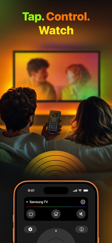 TVRem Universal TV Remote App - Los usuarios pueden controlar su televisor de forma inalámbrica, como se muestra con una persona manejando el iPhone y la conexión activa a un "Samsung TV".