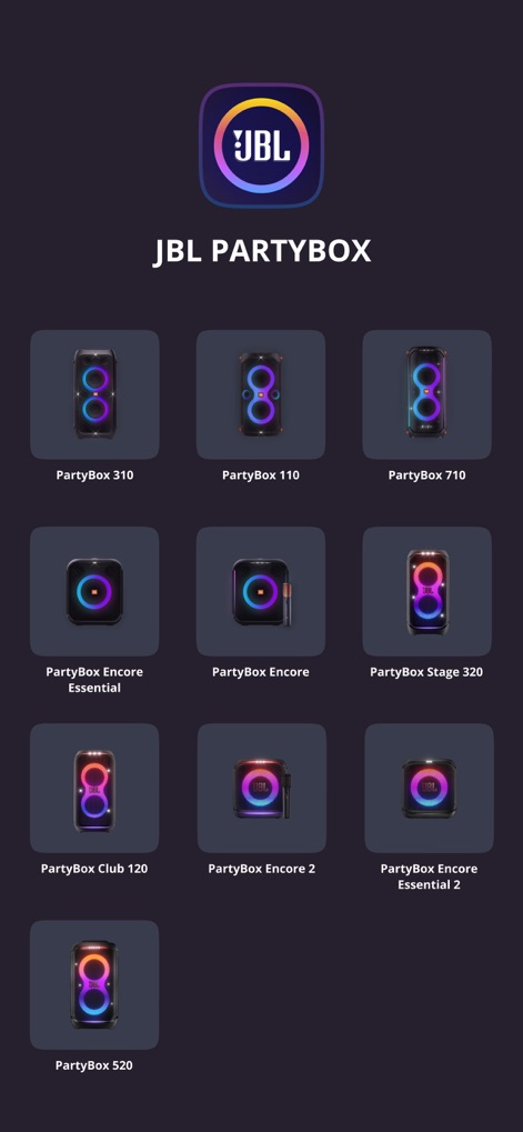 JBL PartyBox - Die App präsentiert eine klare Übersicht der PartyBox-Modelle, von der "PartyBox 310" bis zur "PartyBox Encore Essential", visuell als Miniaturansichten dargestellt.